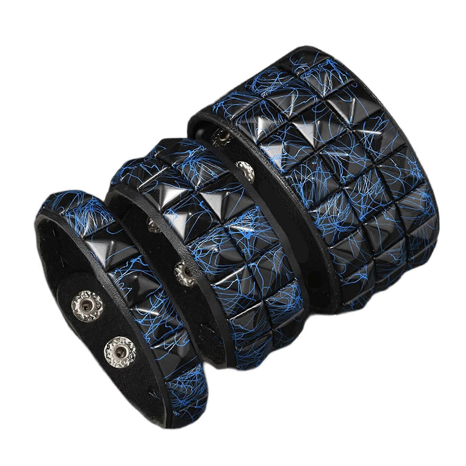 3Pcs PU Leather Rivets Bracelets Dark Square Studs Punk Design Wristlet Adjustable for Most Wrists Lightweight Feel Multicolor