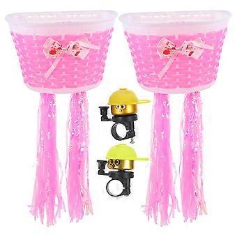8Pcs In 2 Set Woven Kids Bike Accessories For Scooter Use Pink Basket Streamers And Handlebar Bells