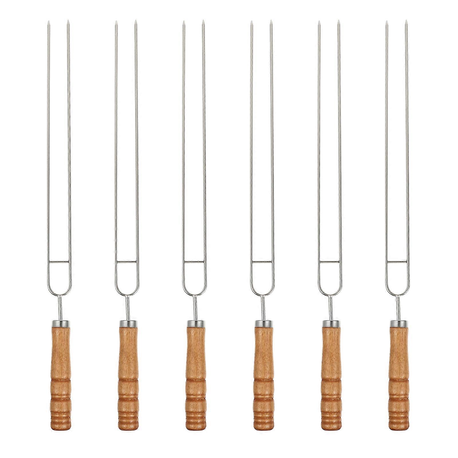 Stainless Steel and Wood Roasting Forks for Barbecue with Double Prongs Holders 6pcs 2Prong Barbecue Skewers