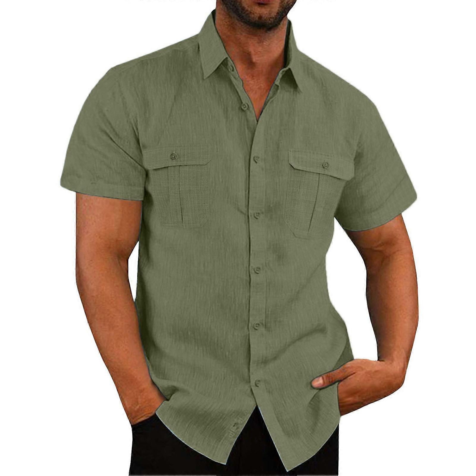 Spring Fall Men Shirt with Chest Pockets Turn-down Collar Button-down Top Short Sleeve Solid Color