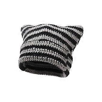 Women Beanie Hat Little Devil Striped Knitted Wool Cap Winter Cat Ears Hat
