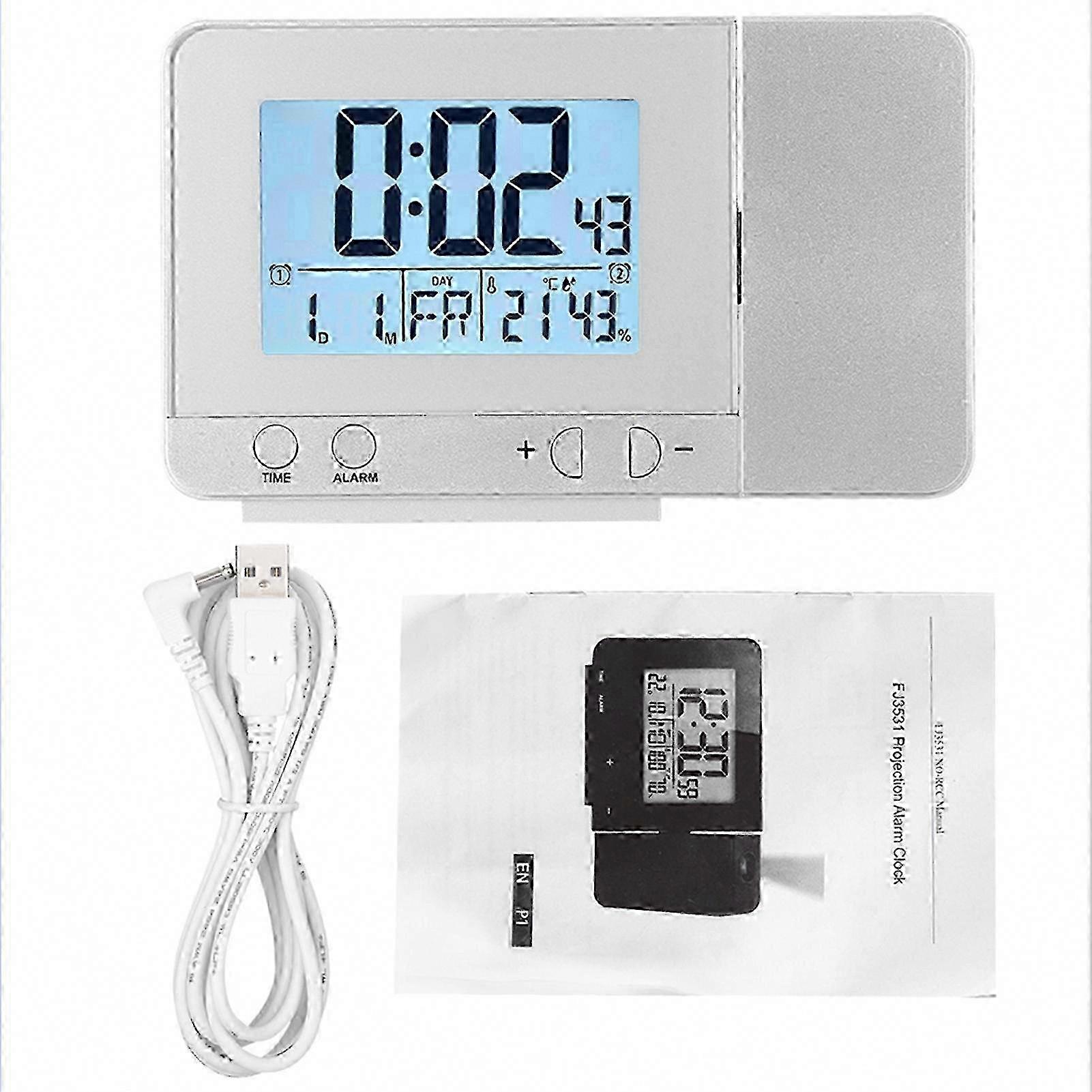 Multifunction LED Projection Alarm Clock with Temperature Display & USB (Silver)