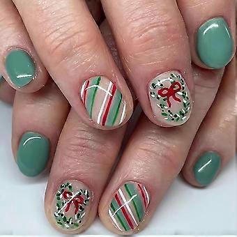 Christmas Press On Nails Short Square Light Green Glossy Reusable Fake Nails for Women 24pcs