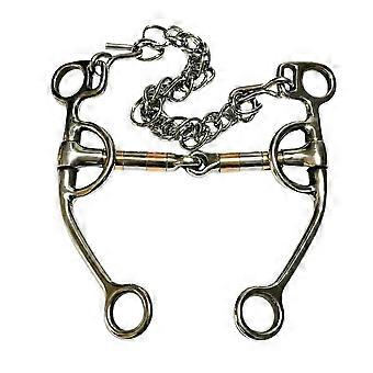Long Side Arm Horse Bit for Training with Multiple Connection Rings, a Three-Piece Articulated Center, Stainless Steel Construction, and Curb Chain