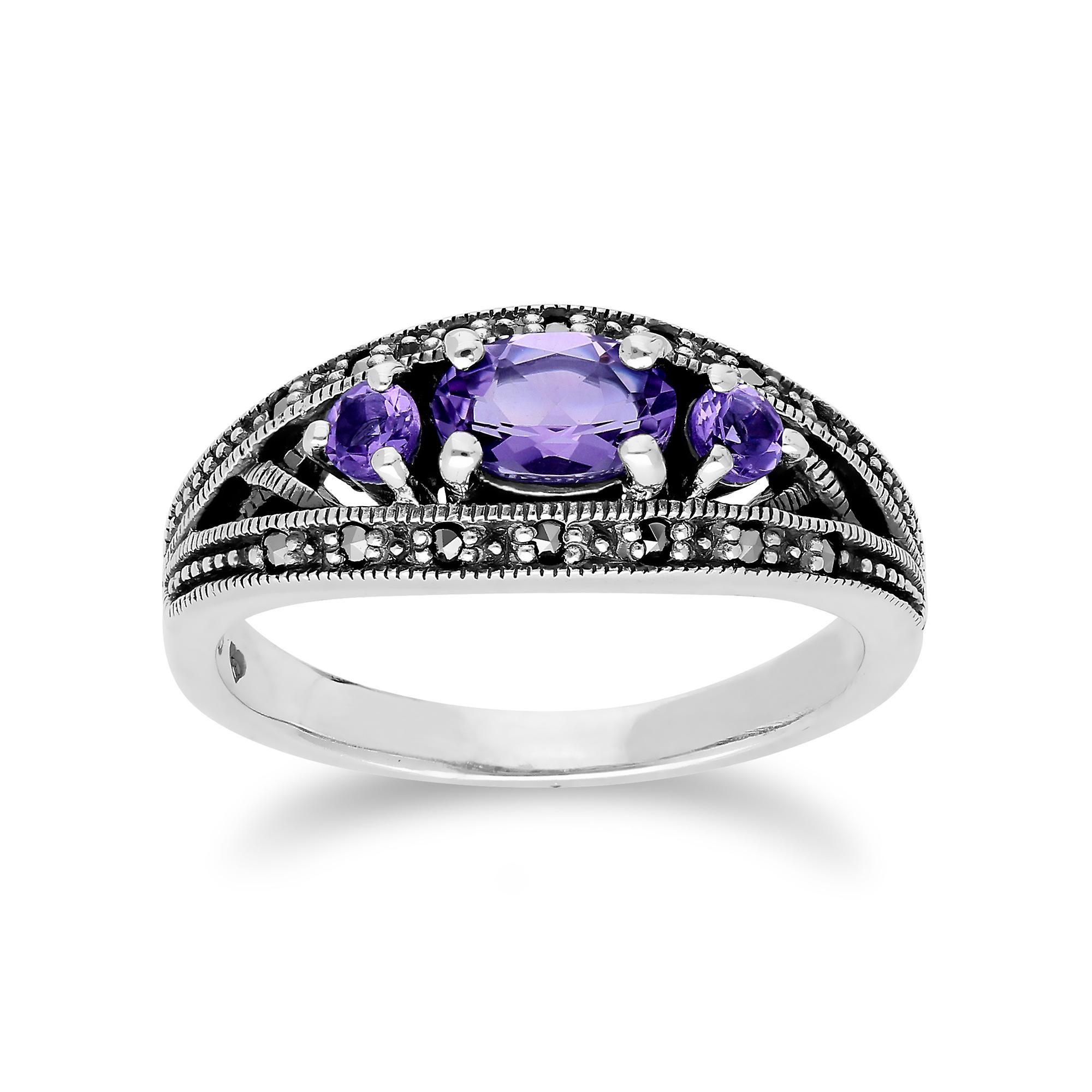 Art Deco Style Oval Amethyst & Marcasite Three Stone Ring in 925 Sterling Silver 214R424001925