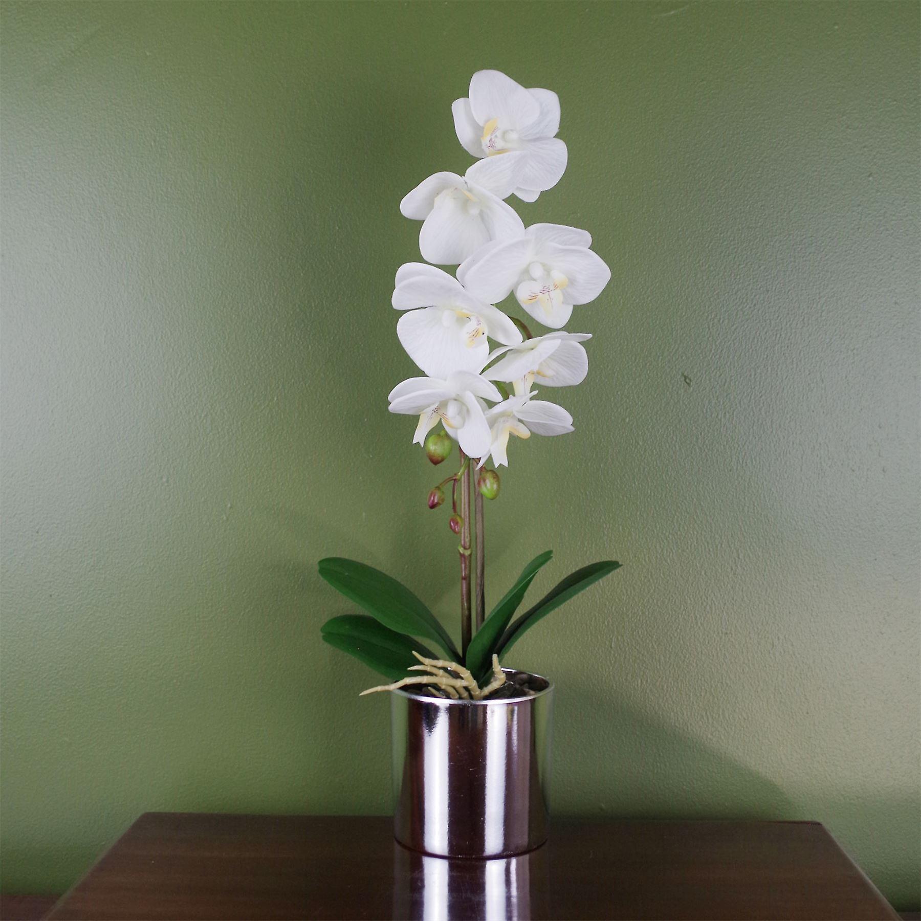 46cm Artificial Orchid White with Silver Pot