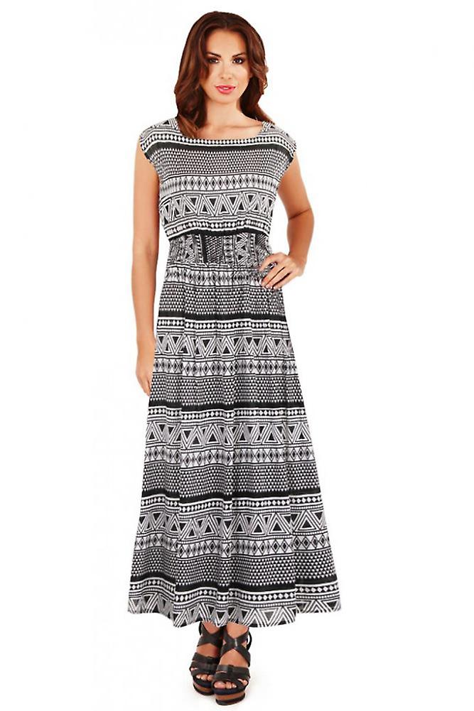 Pistachio Aztec Print High Neck Long Maxi Summer Dress Black & White