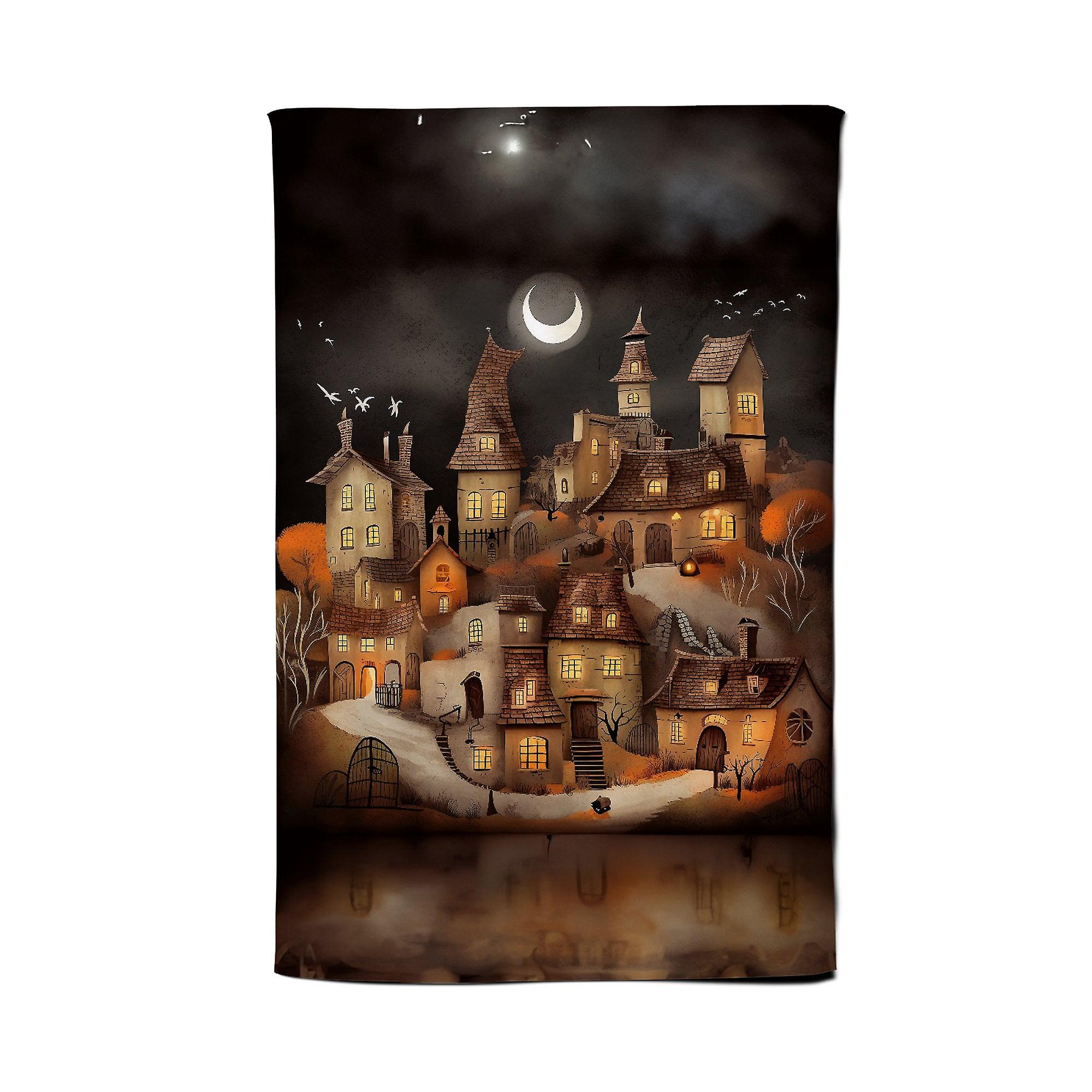 Spooky Halloween Village Tea Towel