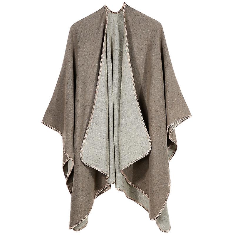 Women's Color Block Shawl Wrap Open Front Poncho Cape-khaki