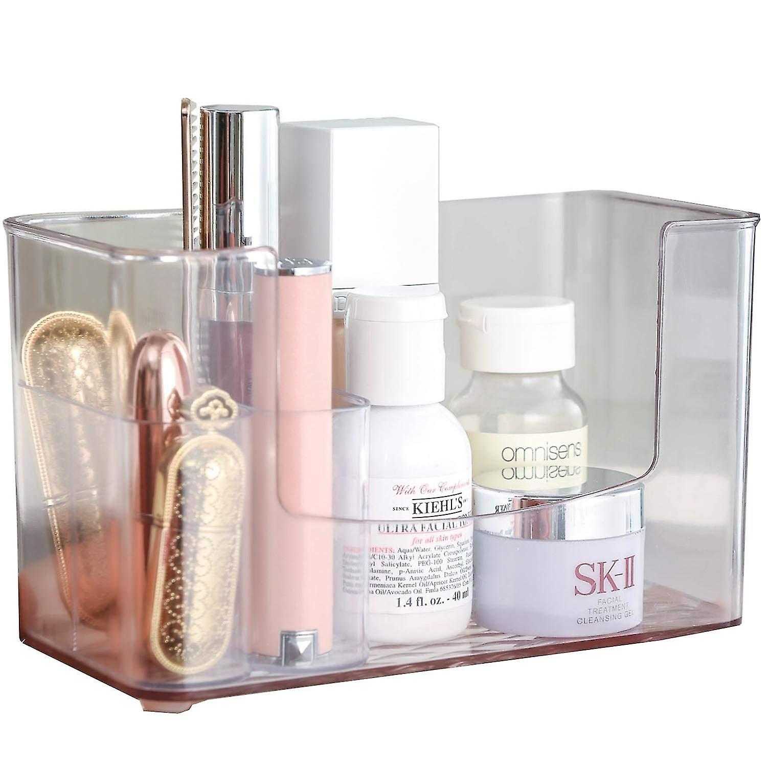 Plastic 5-compartment Small Makeup Storage Organizer Tray, Clear Pink