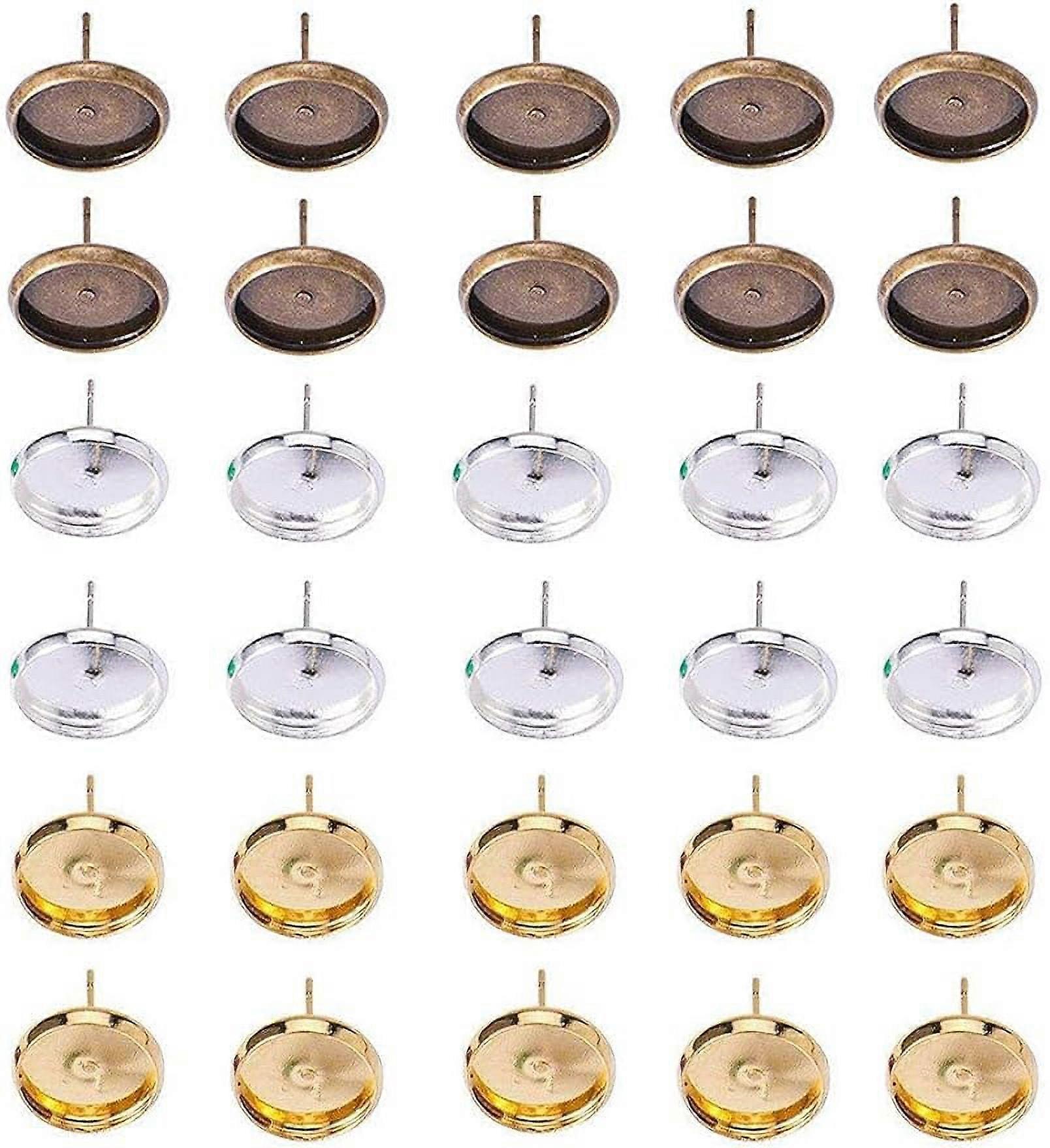 30pcs Stud Earring Cabochon Setting Flat Round Bezel Ear Studs Posts Blank Tray Base for DIY Earring Making
