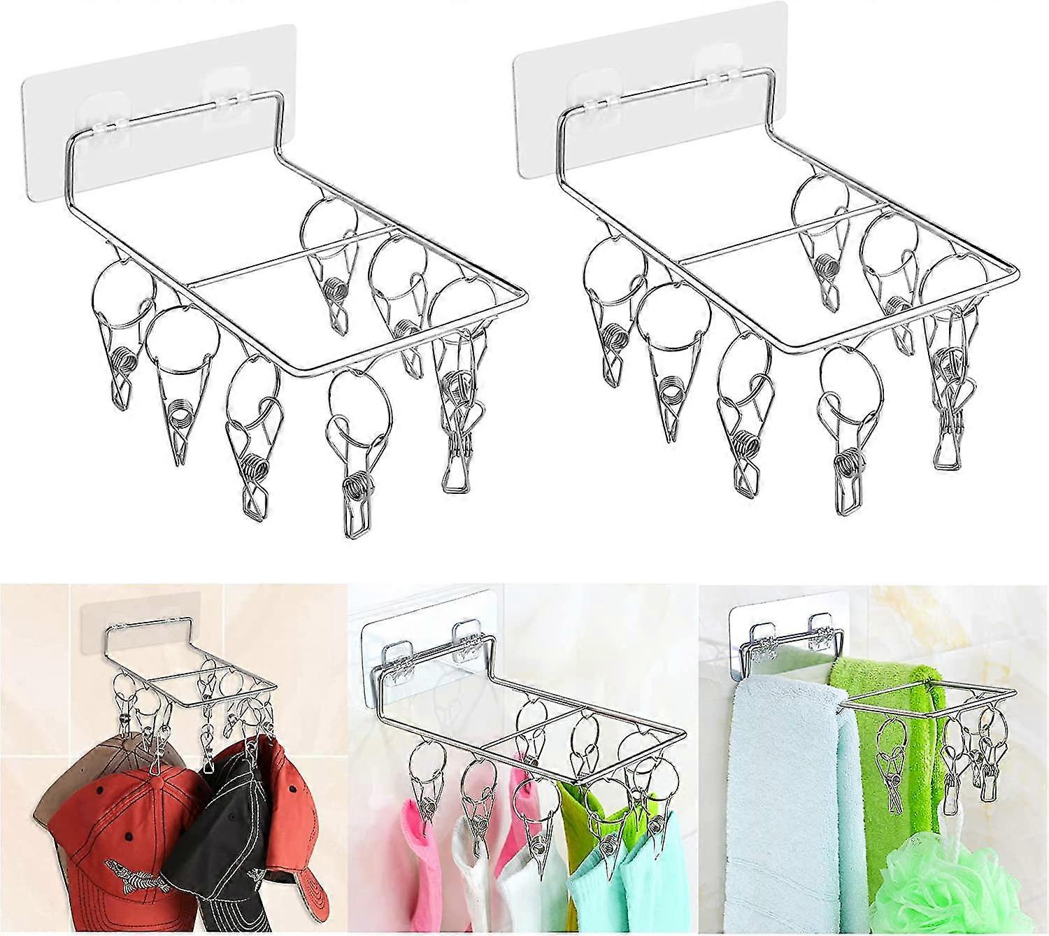 2 Pcs Adhesive Hooks With Clips(rectangle-8 Peg)