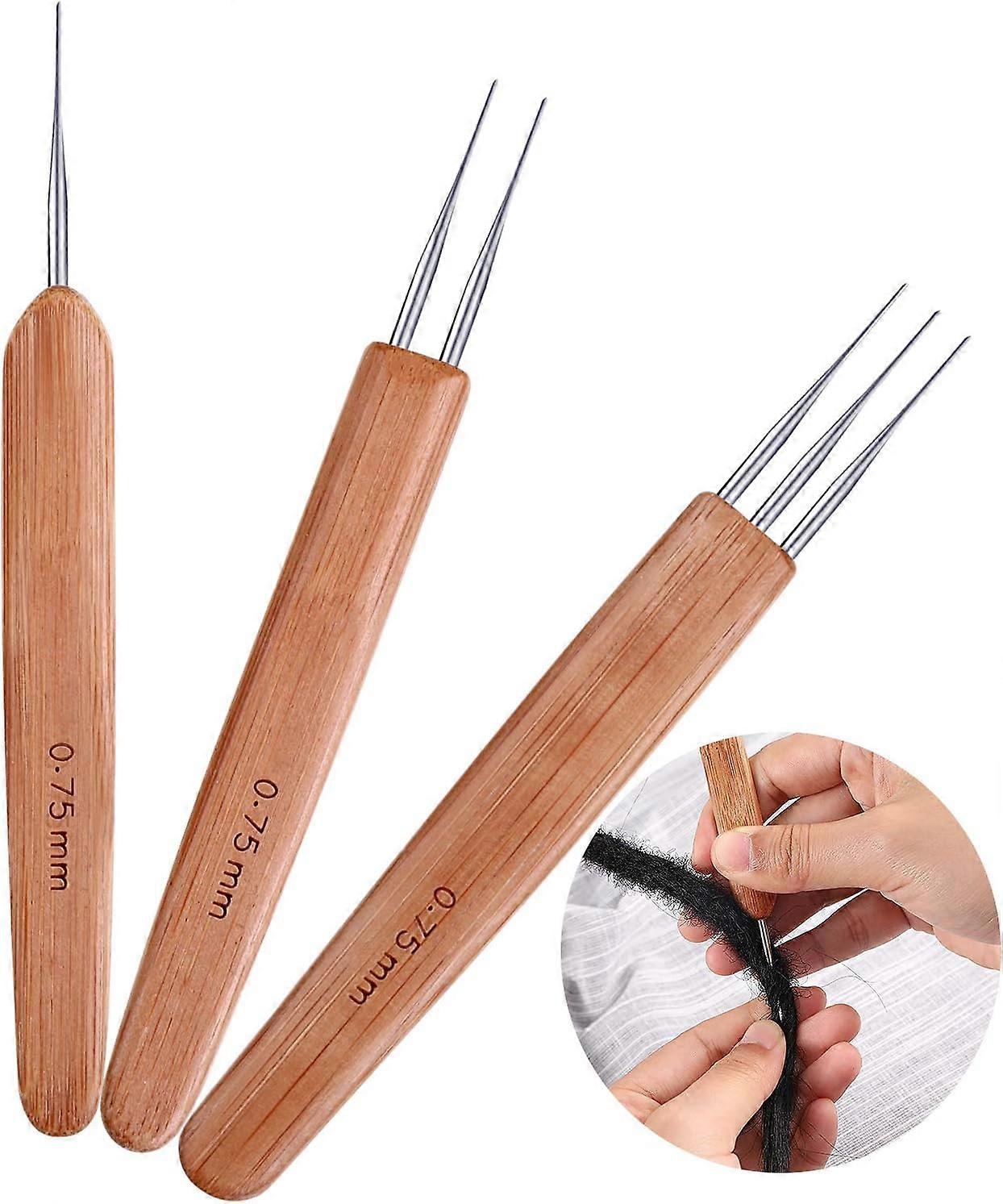 Set of 3 Crochet Hooks Set, 0.75 mm Bamboo Handle Dreadlock Crochet Hook, Crochet Hooks for Dreadlocks