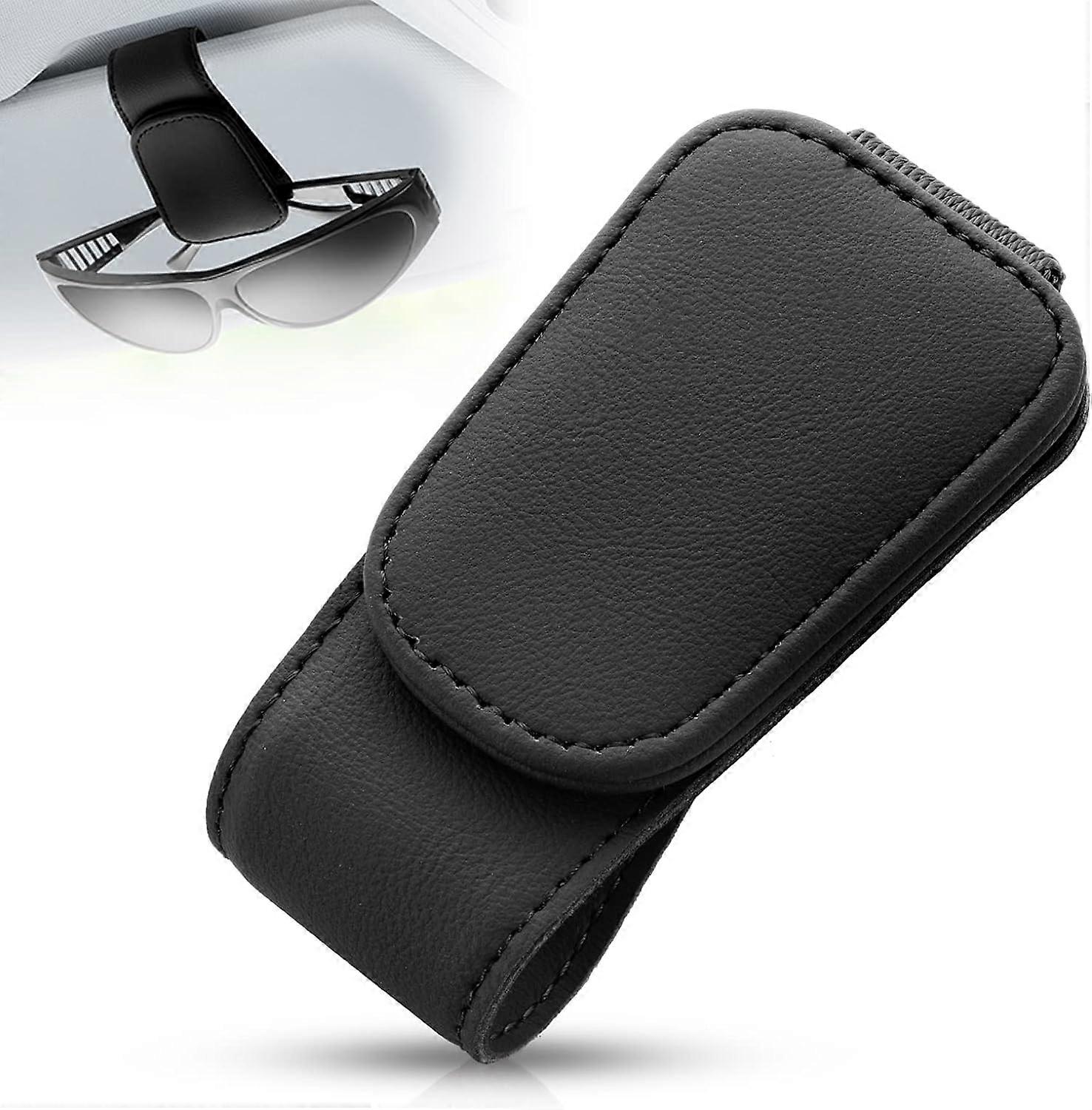 (Black) Magnetic Leather Sunglass Holder, Eyeglass Hanger Clip for Car Sun Visor, Suitable for Different Size Eyeglasses
