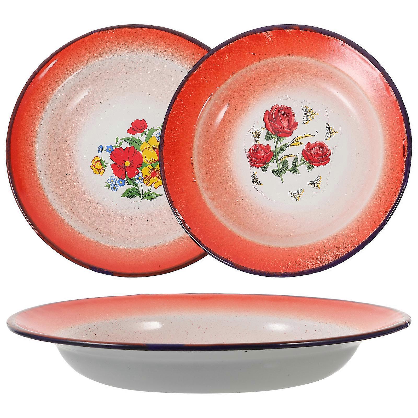 3pcs Vintage Enamel Plate Multifunctional Fruit Plate Food Container Tableware Random Pattern