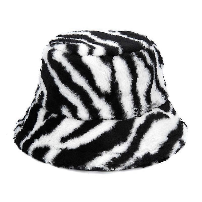 Autunno Inverno Camouflage Faux Fur Bucket Hats Donne Ragazza Moda Caldo Velluto Morbido Soffice Cappello Da Pescatore Signore All'aperto, zebra nero