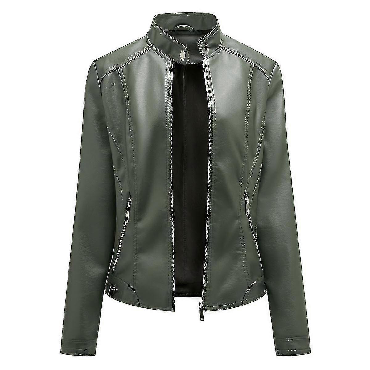 Naiwang Women's Solid Color Stand Collar Zip Slim Short Leather Jacket