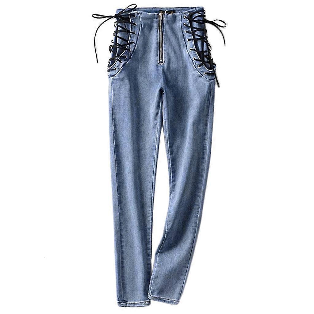 Women Sexy High Waist Zipper Skinny Jeans Side for Cross Lace-Up