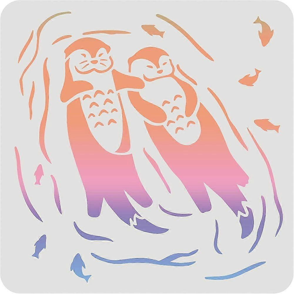 1pc Otter Stencil 30x30cm Plastic Floating Sea Otter Stencil Two Otters Fish Pattern Stencils Reusable Stencils for Painting on Wood Floor Wall and Ti
