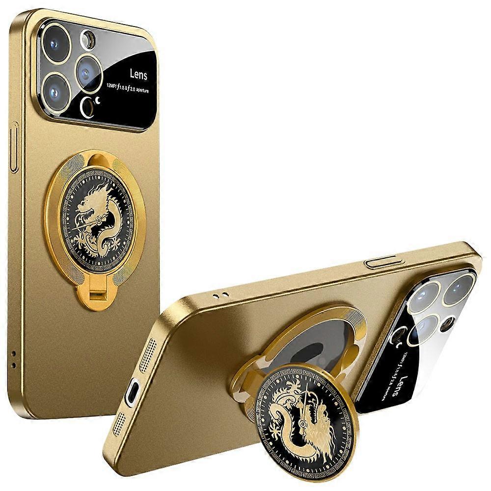 For iPhone 15 Pro Case Compatible with MagSafe Loong Pattern Kickstand Rubberized PC Cover - Khaki