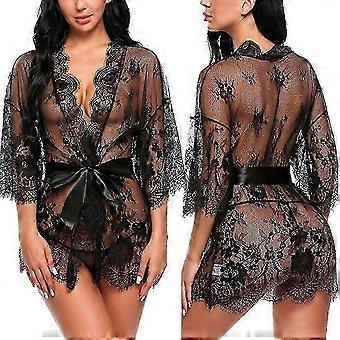 Women See Through Sexy Lace Kimono Robe Lingerie Nightwear Dressing Gown Sleepwear