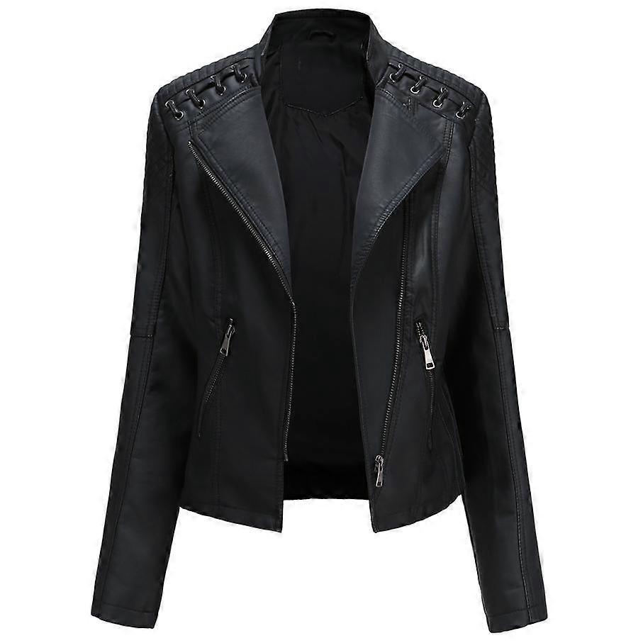 Jaqueta feminina estilosa de couro sintético, clássica, estilo motociclista, com zíper, casual, curta, justa, com detalhe de cadarço retrô, tamanho P-4XL, plus size