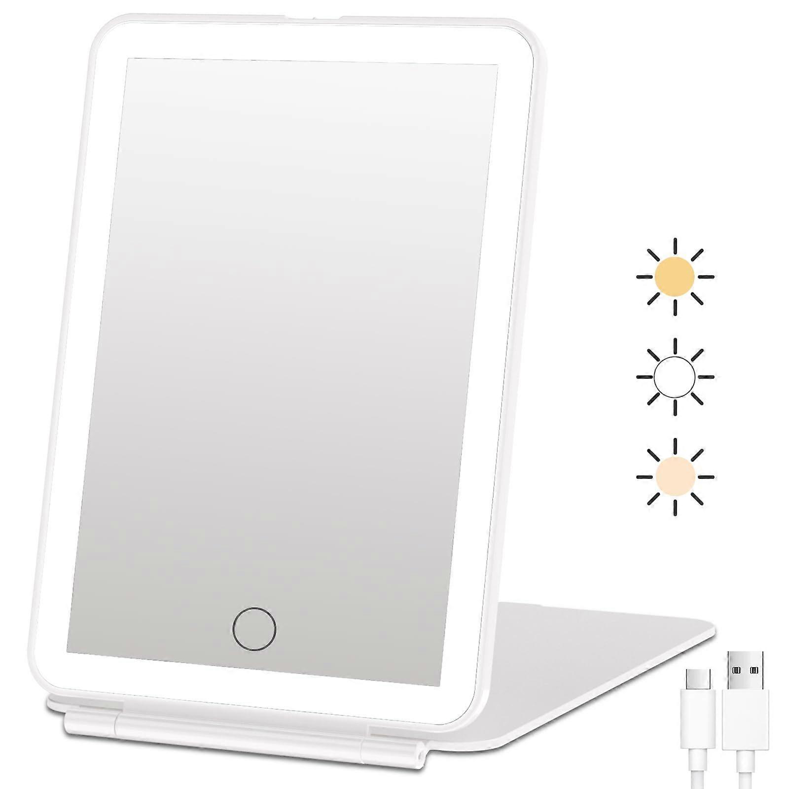 Rechargeable Travel Makeup Mirror with 3 Color Lighting, Dimmable Touch Screen, Portable Folding LED Design, Tabletop Size
