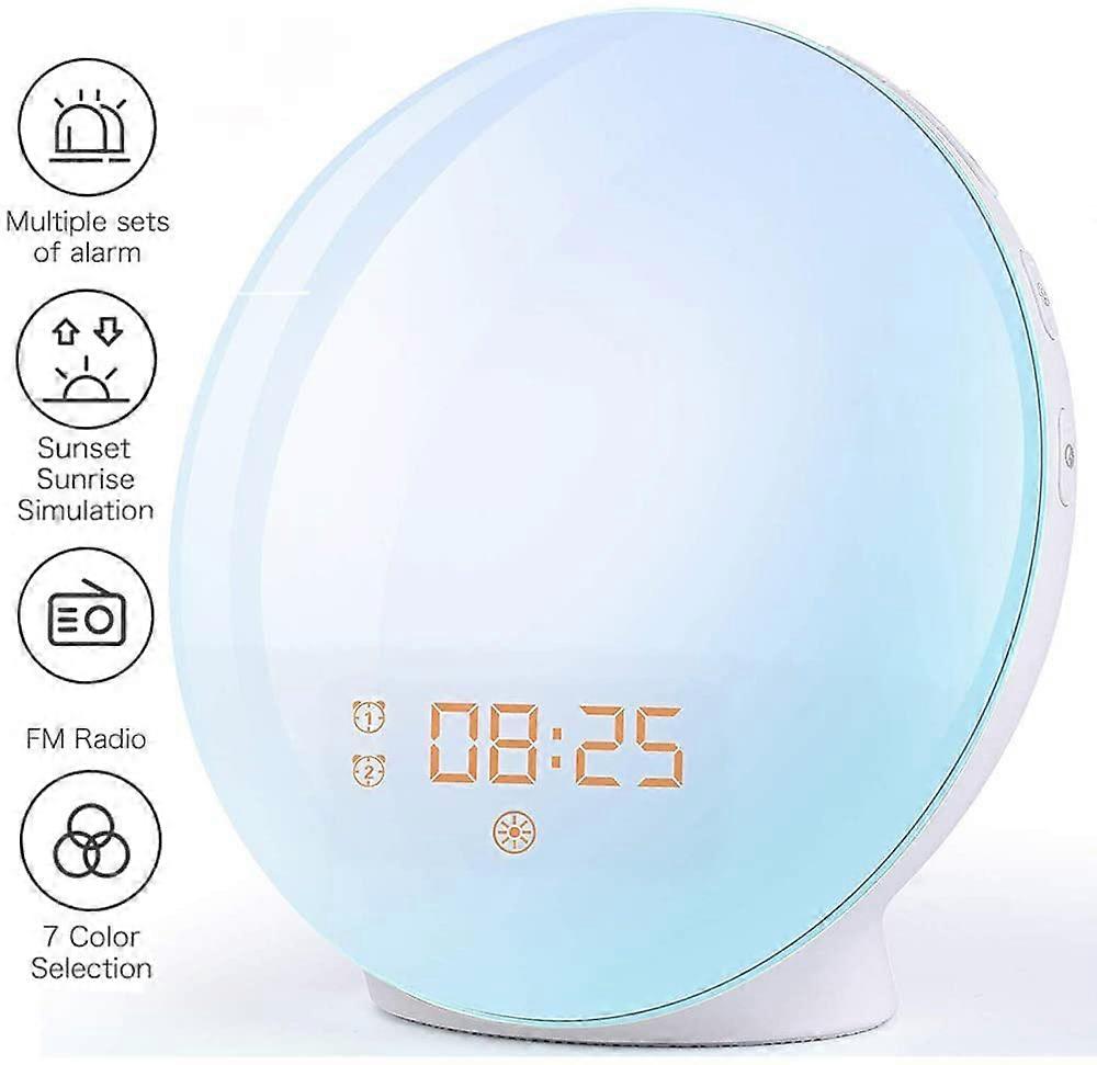 Dual Alarm Clock, Sunrise Simulation for Gentle Wake Up, White Noise Sound Machine with FM Radio, Snooze Function & Ambient Lighting, Suitable for