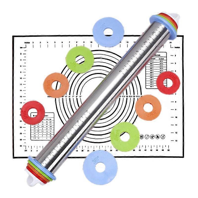 Rolling Pin with Interchangeable Rings, Nonstick Silicone Baking Pastry Mat for Consistent Dough Rolling and Baking