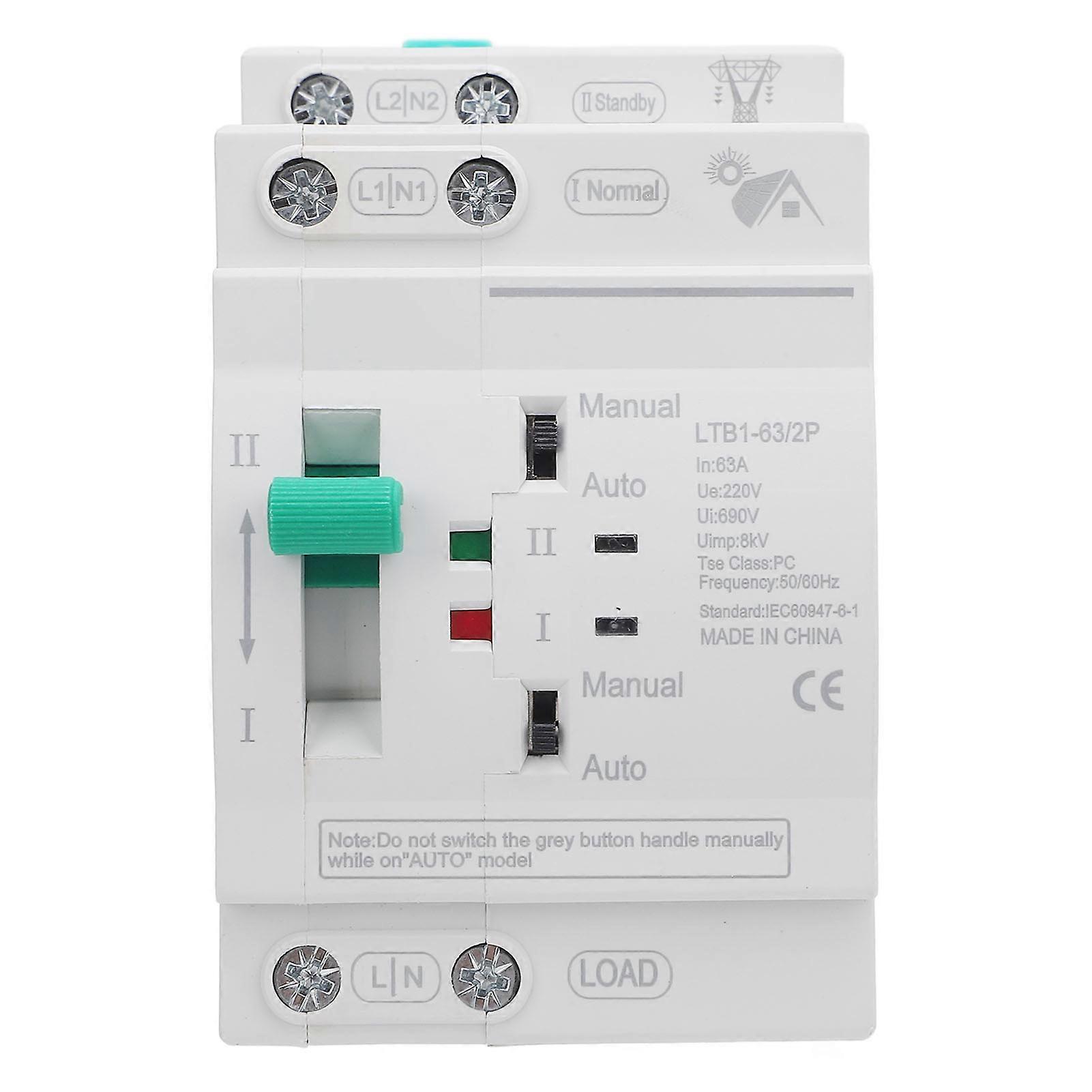 Double Power Automatic Transfer Switch 63A 2P 35mm DIN Rail Mount Power Transfer Switch Photovoltaic to Mains