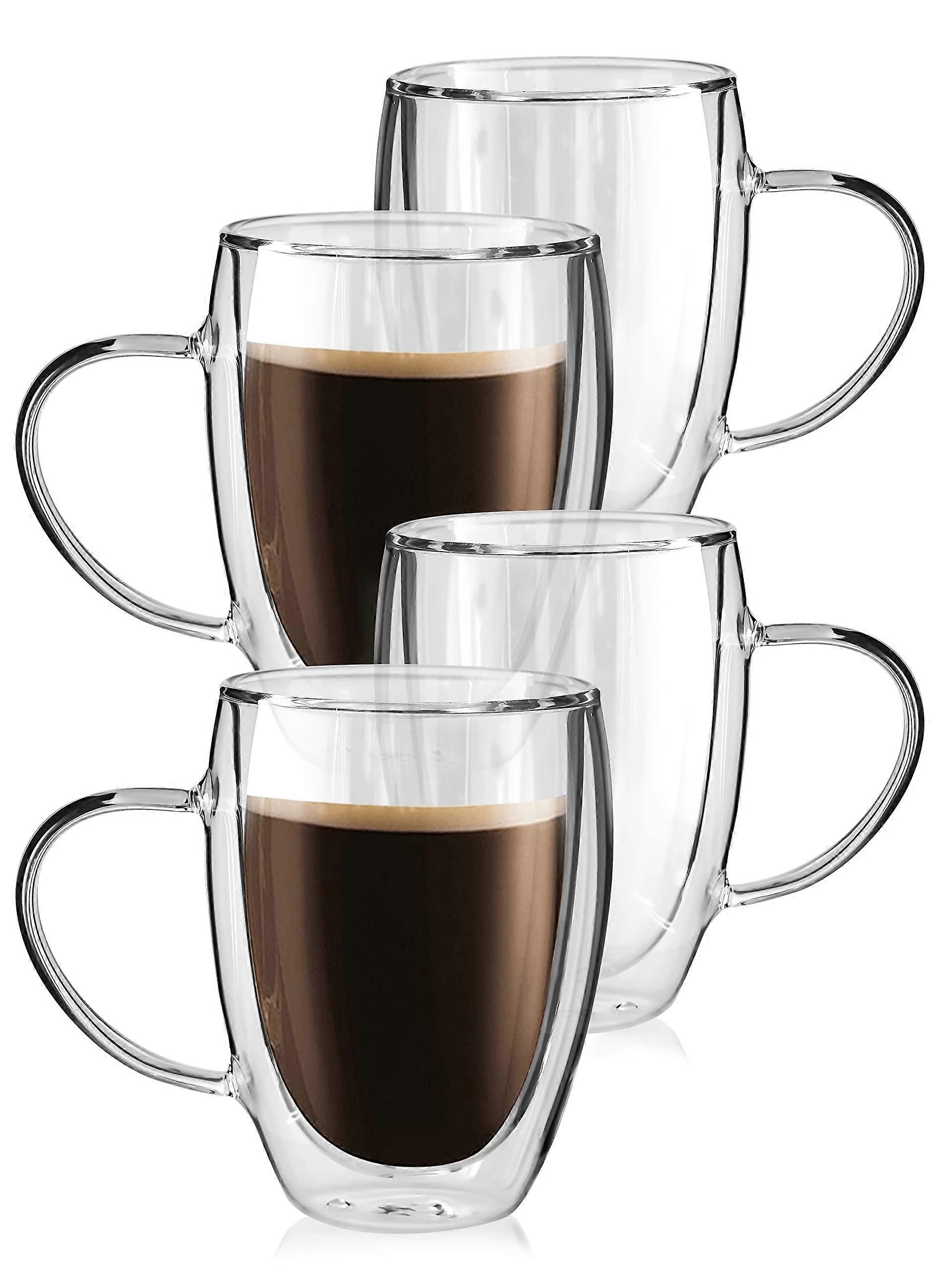 12 Oz Double Wall Glass Coffee Mugs Set of 4 with Handle, Insulated Clear Mugs for Cappuccino, Espresso, Latte, Tea