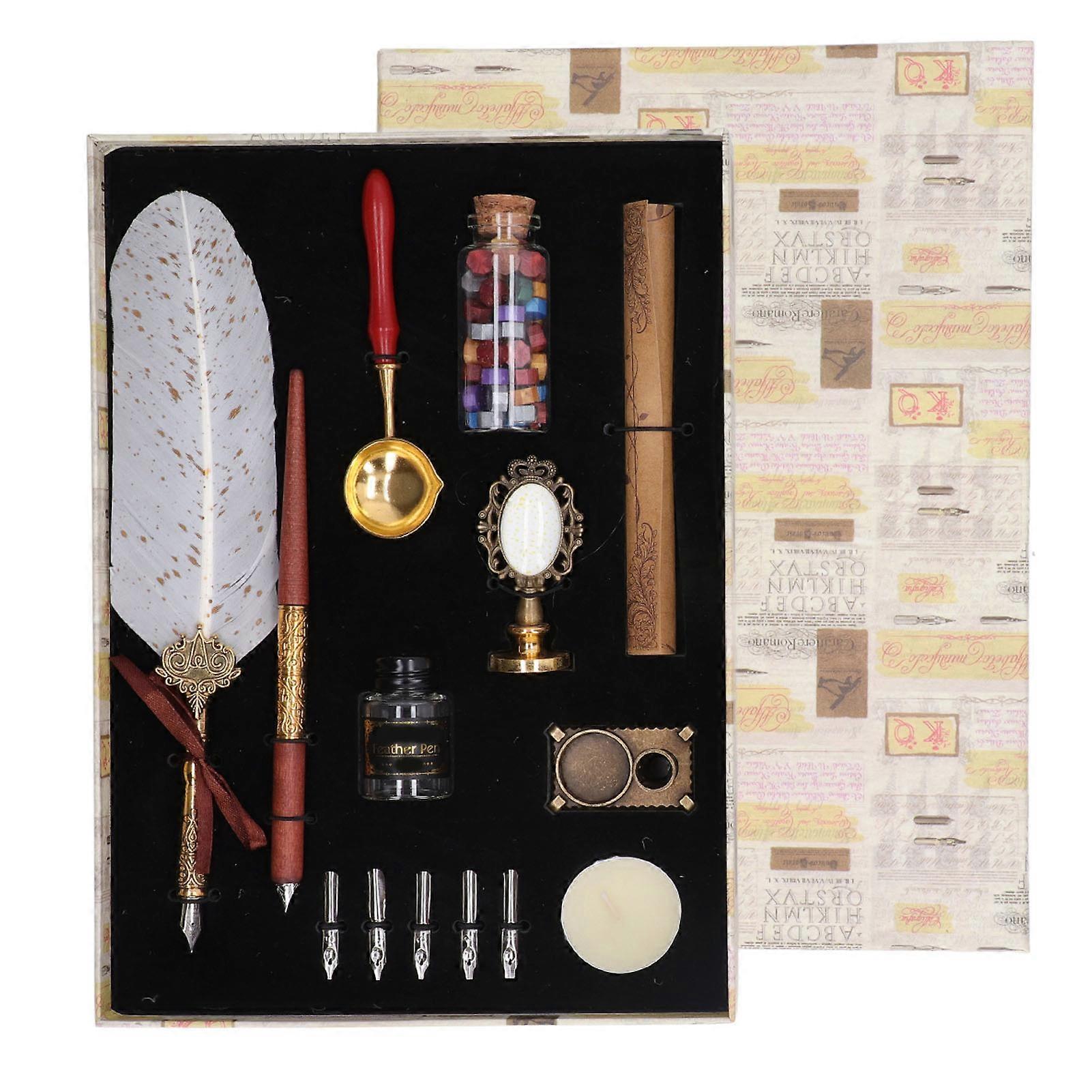 Feather Pen Set Glossy Writing Retro Elegance Quill Pen Set with 5 Replacement Nibs Letter Paper Ink Empty Bottle Candle White Dot
