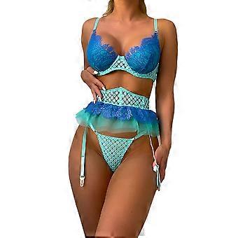 Vrouwen Lingerie Set Modieuze Elegante Kleurblok Kant Mesh Beha Panty Jarretelles Riem Set voor Huwelijksnacht