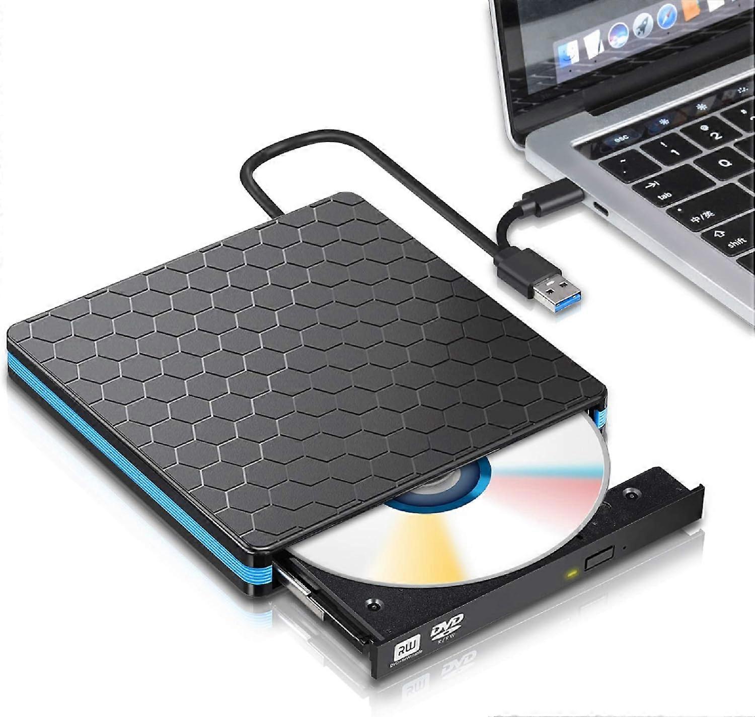 External DVD Drive, USB 3.0 Type C CD Drive, Dual Port DVD Player, Portable Optical Burner Writer Rewriter, High Speed Data Transfer