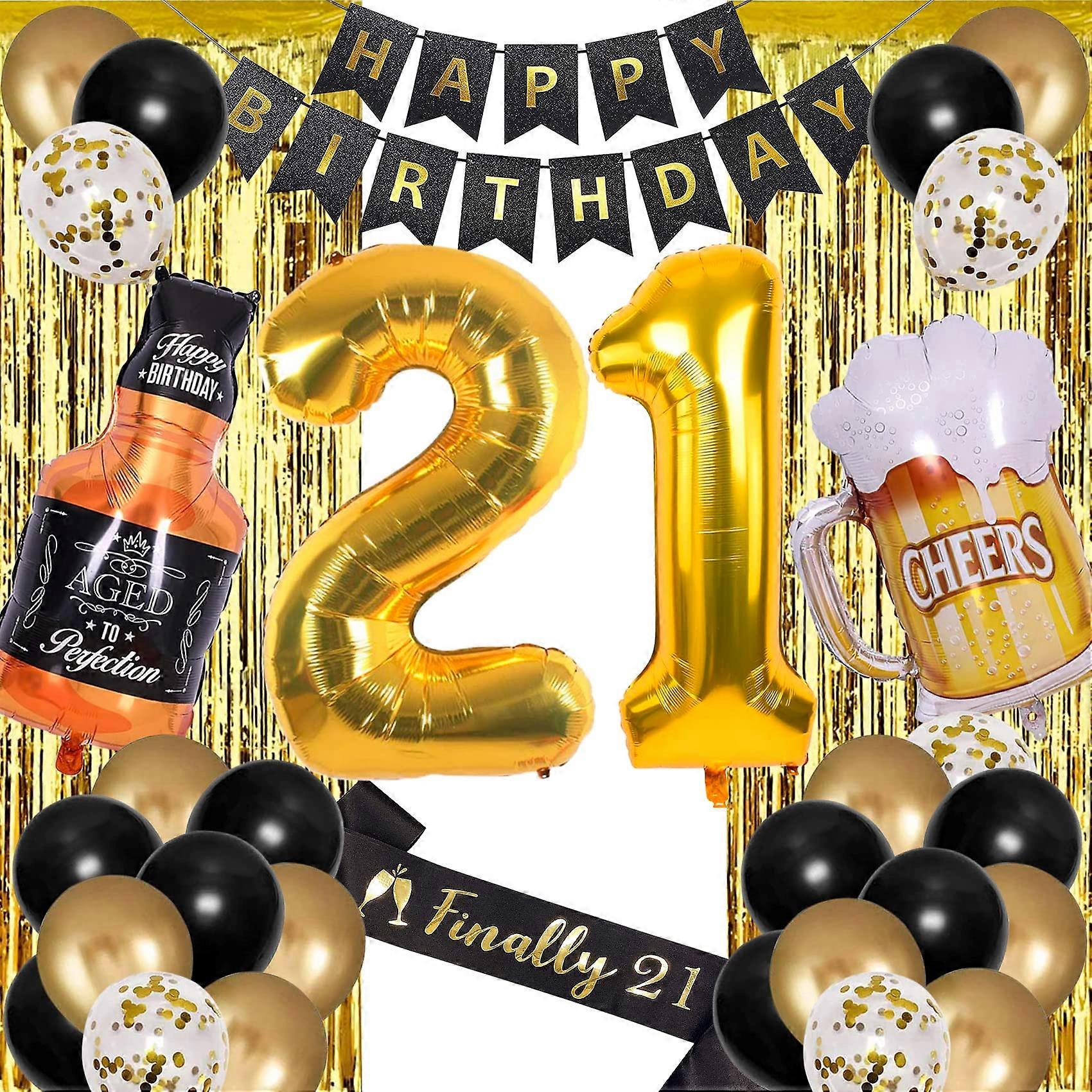 21st Birthday Decorations for Men - Happy Theme, Balloons, Banners, Tableware, Blue and Black Color Scheme