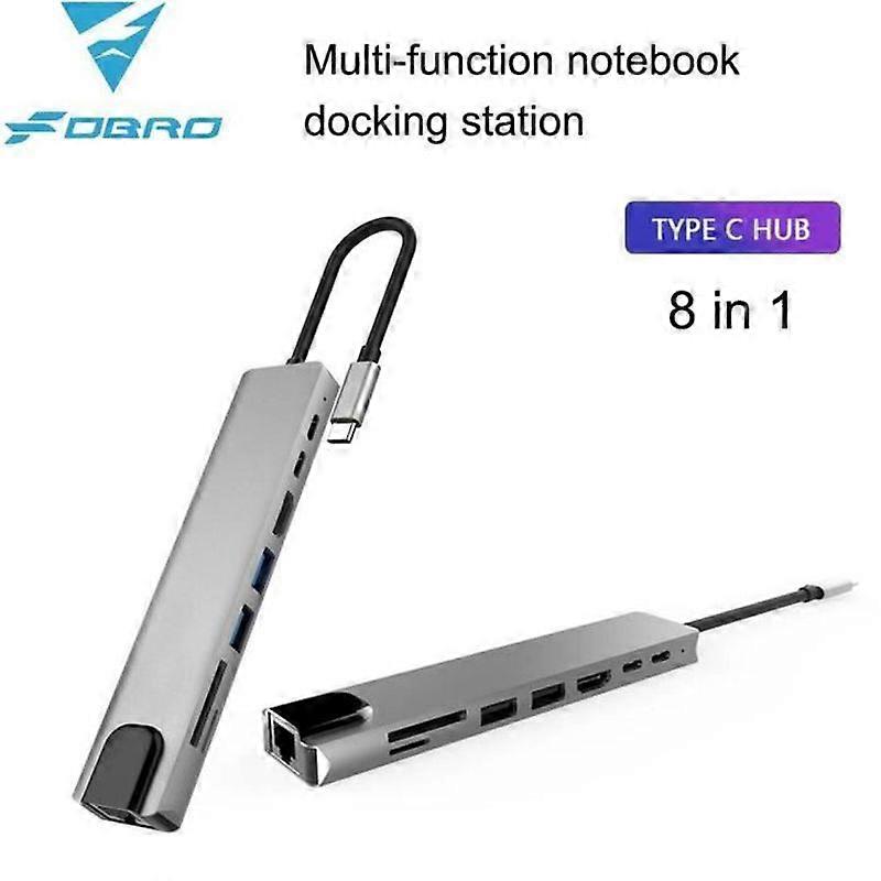 Silver - 8 in 1 USB Type C Hub 31 to HDMI 4K Adapter with RJ45 Ethernet SD-TF Card Reader PD p