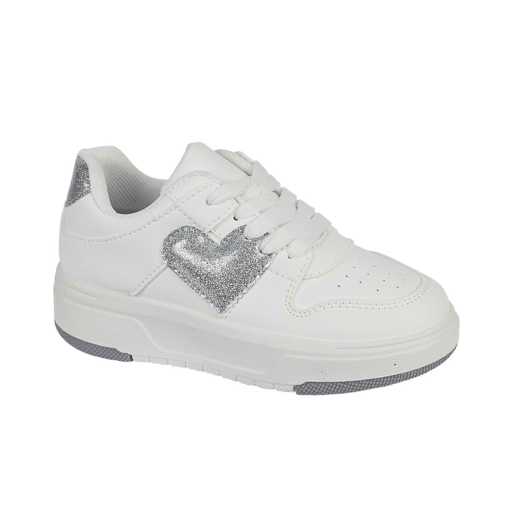 Kids Girls White Sneakers with Glitter Heart Dressy Casual Walking Sports Shoes