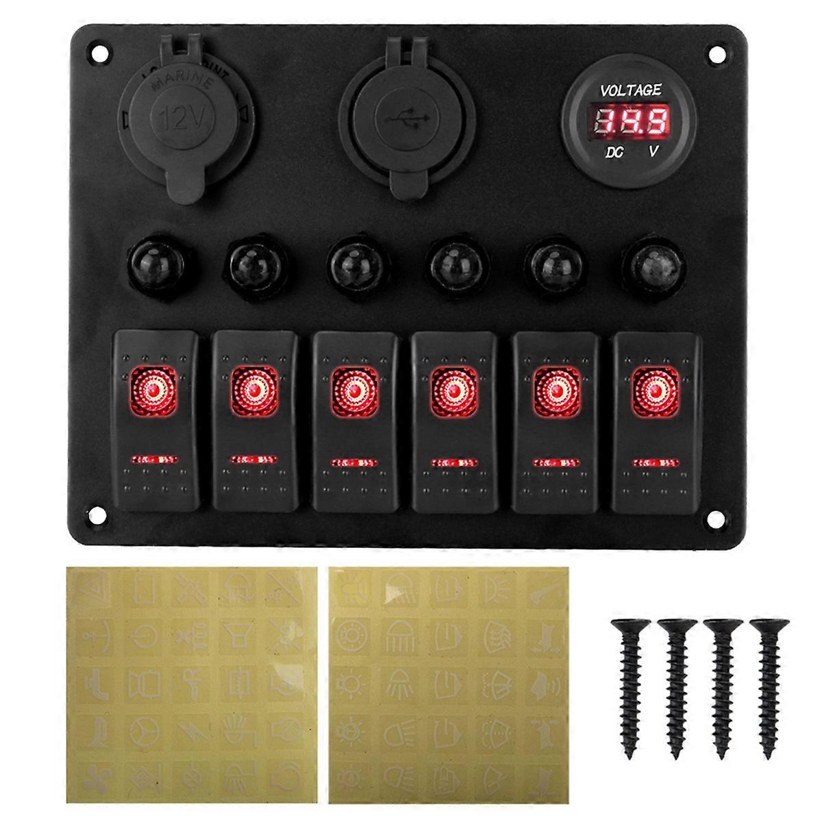 Universal Car RV 6 Switch Panel 12/24V Rocker Panel Voltmeter B