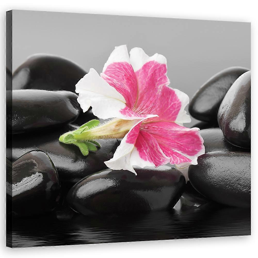 Lienzo, Flor rosa sobre piedras zen - 40x40