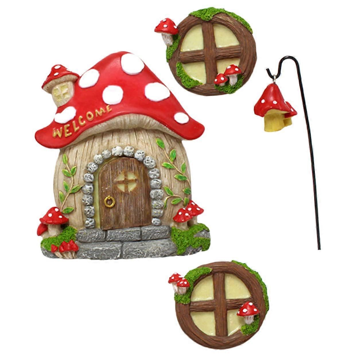 Mini Resin Craft Model Mushroom House Window Door Luminous Garden Tree Decor 4-Piece Set