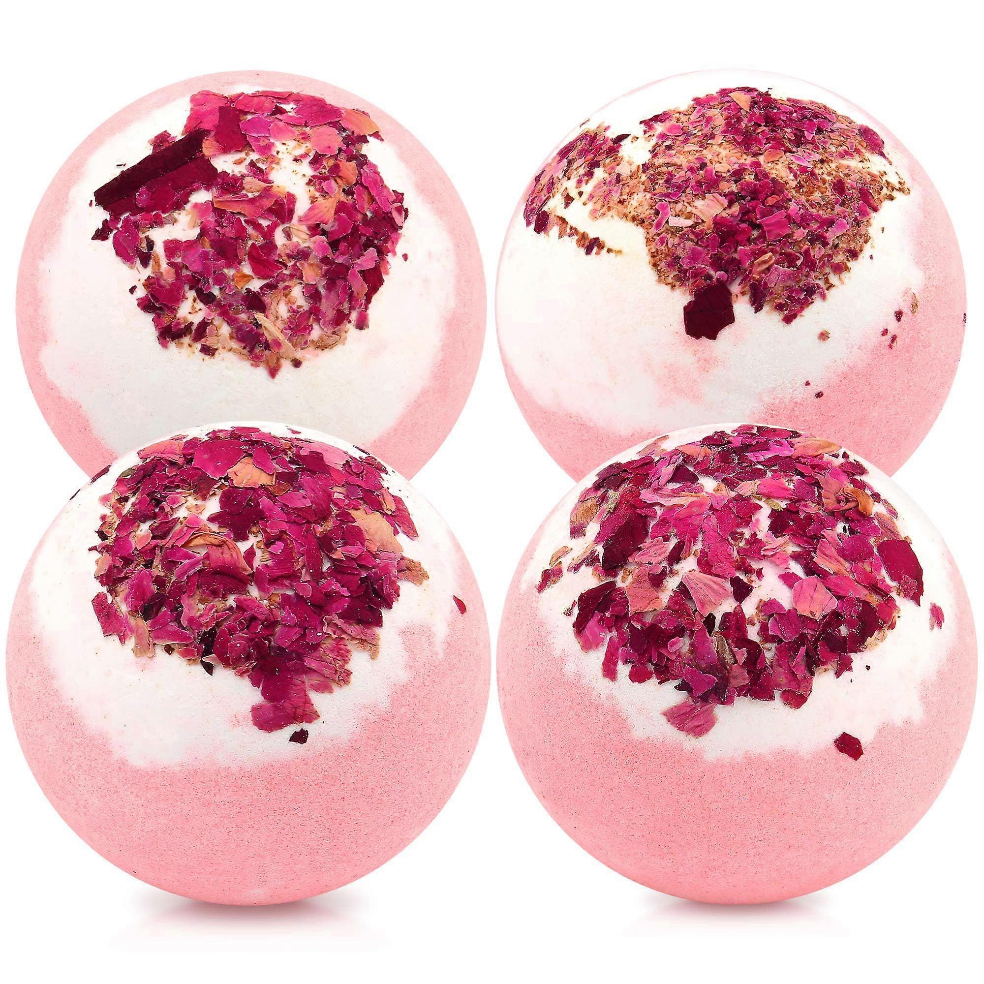 Dried Flower Bath Bombs Salt Balls Gift Set, 4 Pack with Rose Extract Essential Oils for Moisturizing and Relaxation