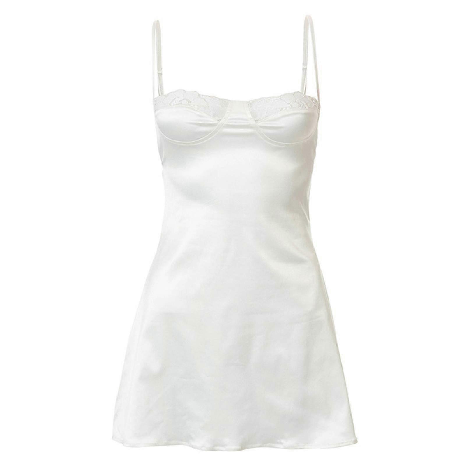 Womens Spaghetti Strap Lace Chest Satin Slip Dress Sexy Low Cut