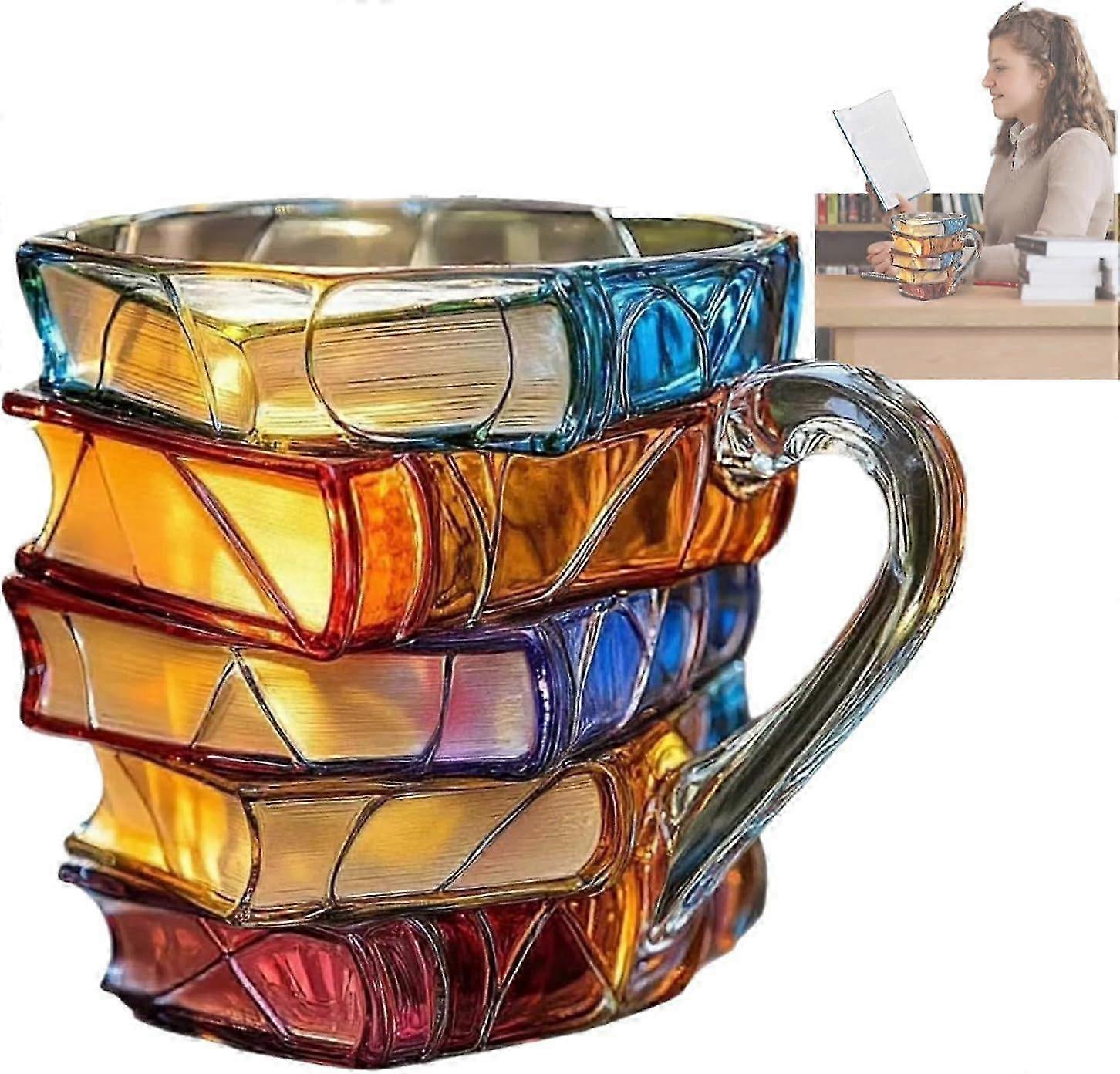 Novelty 3D Painted Books Coffee Mug, Unique Stacked Books Shaped Coffee Mug Gifts for Book Lovers