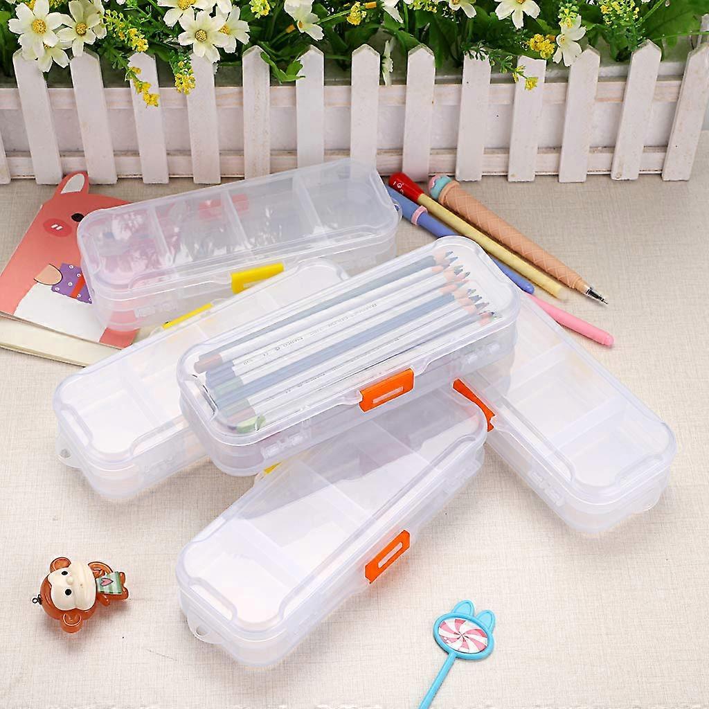 5 Pack Clear Double Deck Pencil Box - Plastic College Organizer Stationery with Adjustable Divider Grids Inserts