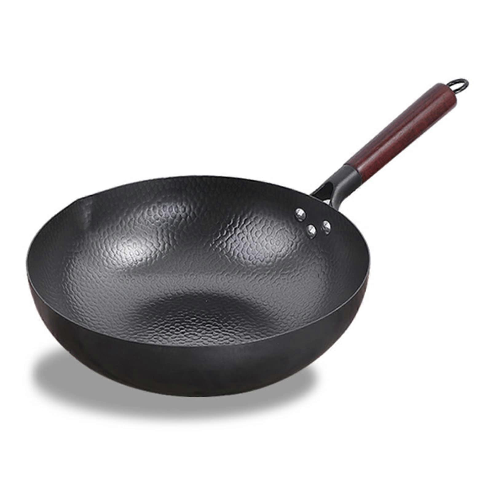 12.5 Inch Cast Iron Wok, Chinese Hand Hammered Iron Woks and Mixing Pans with Removable Handle, NonStick Coating, Flat Bottom Pot