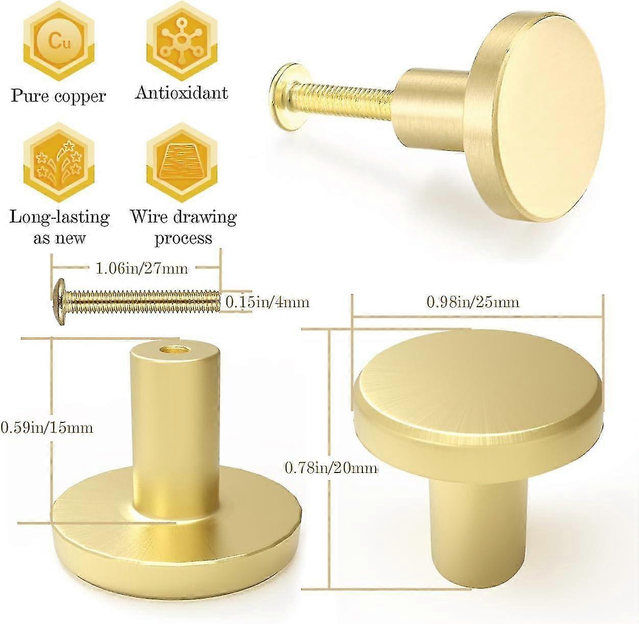 Solid Brass Cabinet Knobs - Gold, Round, 28mm, Modern Hardware