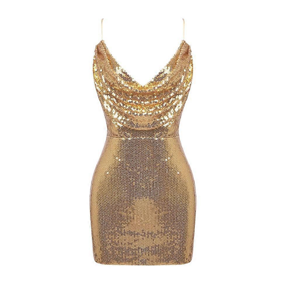 A Summer High-End Evening Dress With Golden Sequins, A Swing Neck And A Halter Top That Wraps The Hips
