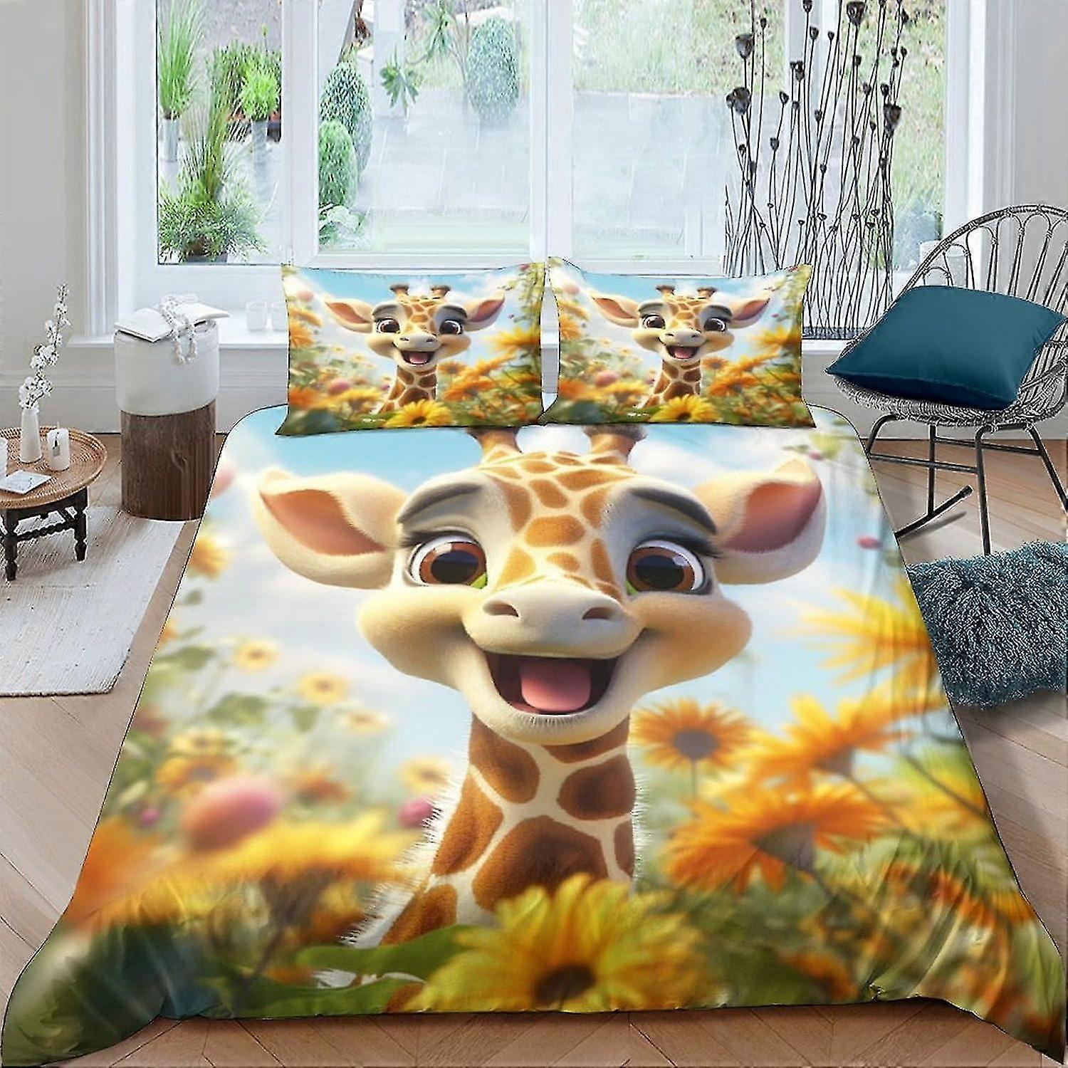 Cartoon Giraffe Duvet Cover Set Soft Microfiber Bedding Set Anti Allergic for Kids Teens Adults Double