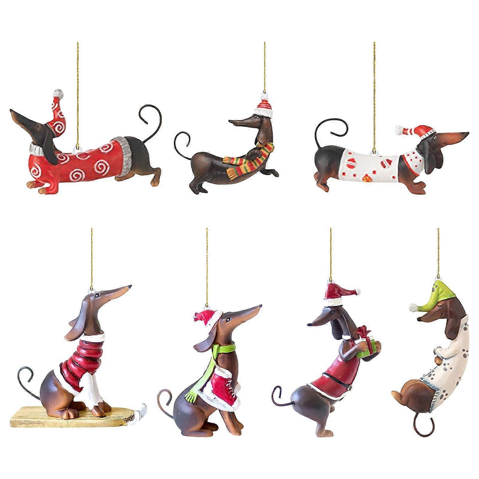 Pack of 7 Dachshund Christmas Tree Decorations, 2D Acrylic Ornament, Key Ring