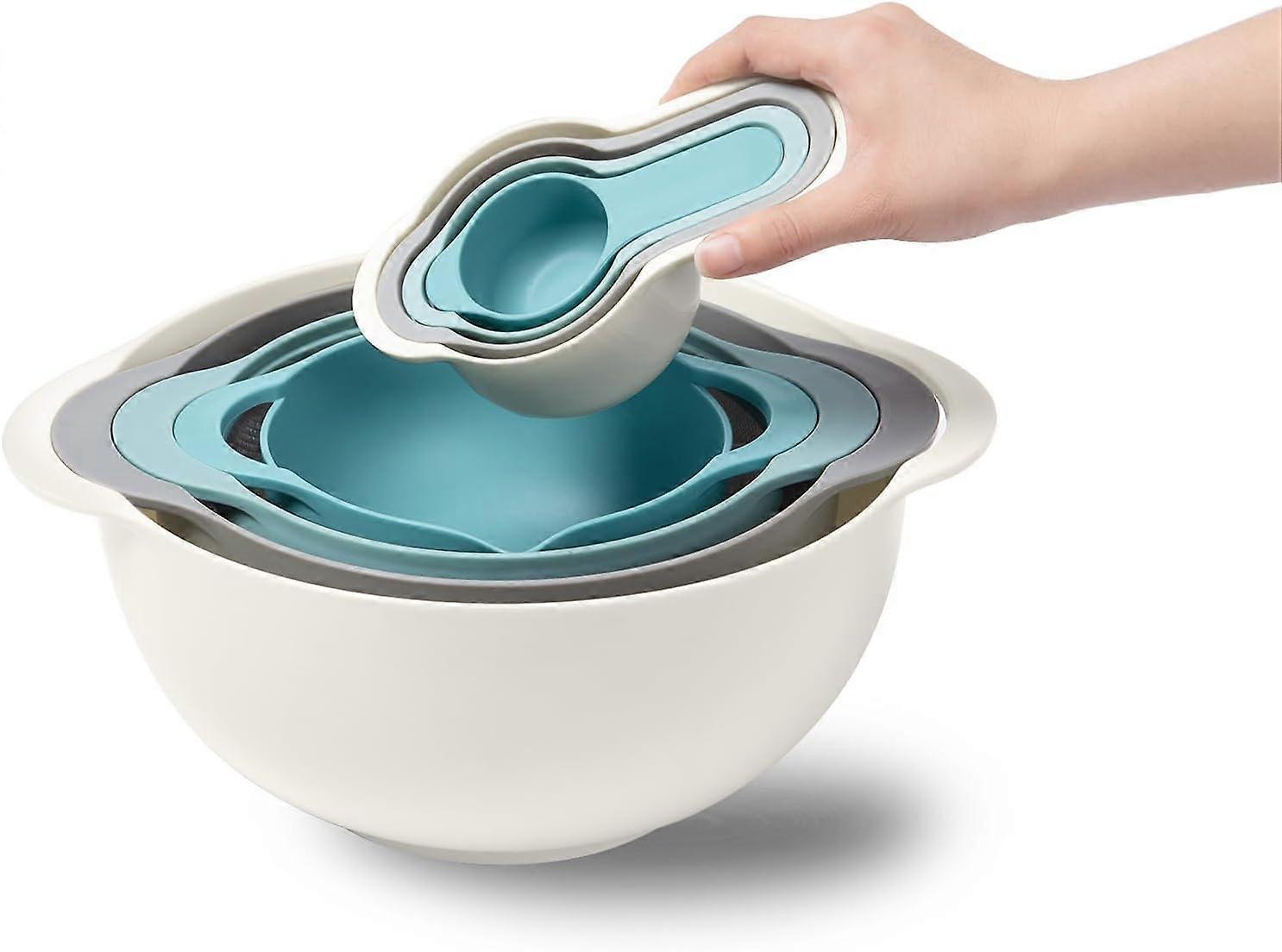 8-piece mixing bowl set - nesting plastic mixing bowls, BPA-free, includes 1 colander, 1 sieve, 2 mixing bowls, 4 measuring cups